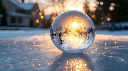 Ice sphere reflecting sunlight in snowy landscape.