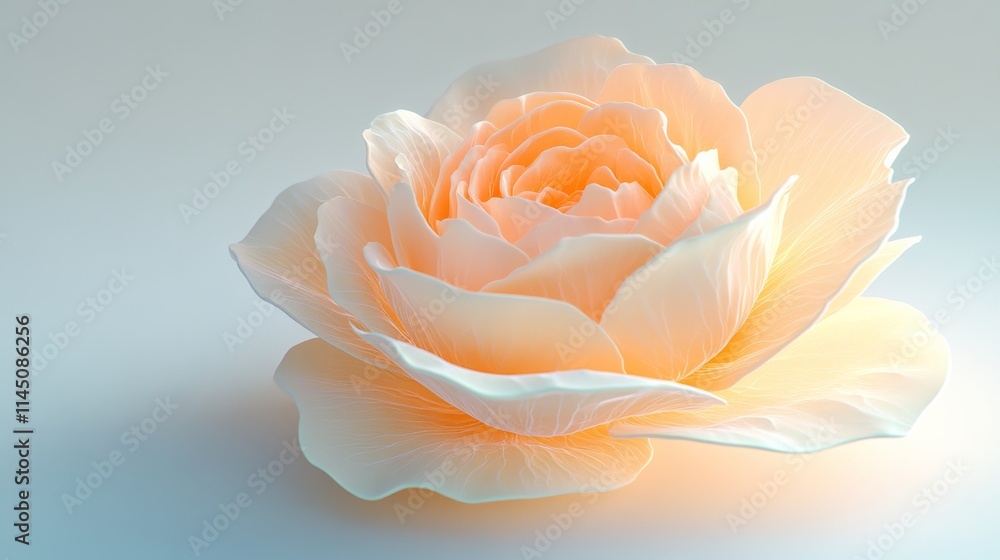 Poster 3d close-up of a soft peach rose, glowing with soft lighting and detailed petal textures, set on a w