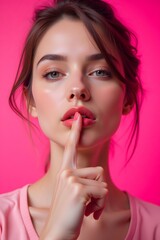 Naklejka premium Young caucasian female with finger on lips against pink background