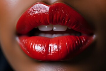 Fototapeta premium Close-up of african female lips with glossy red lipstick