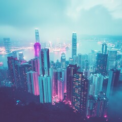 Obraz premium A vibrant cityscape at night, illuminated by colorful lights and fog.