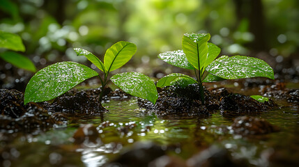 Two lush green saplings sprout from rich soil, glistening with moisture in a forest setting.