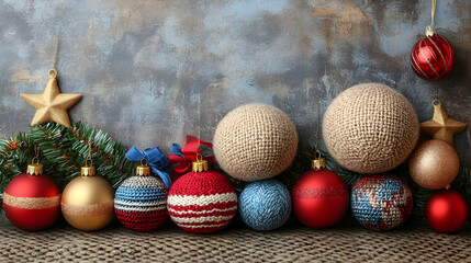 Festive holiday decorations with ornaments and stars.