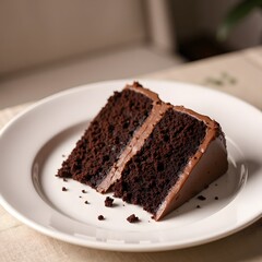 Delicious two-layer chocolate cake slice on white plate with rich frosting