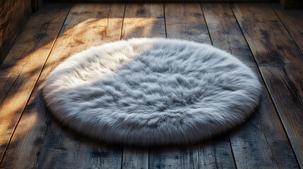 Plush round rug on wooden floor in soft light.