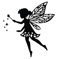 Cute little garden  fairy with a magic wand.
Fairy silhouette vector cartoon illustration