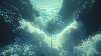 Obraz premium Underwater rope descending through churning ocean waves between dark rocks.