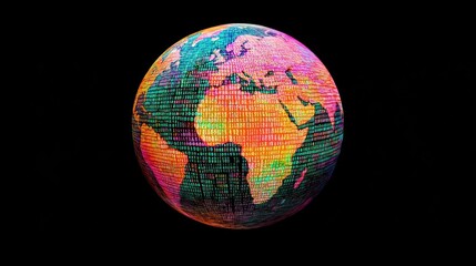 Colorful digital globe on black background.