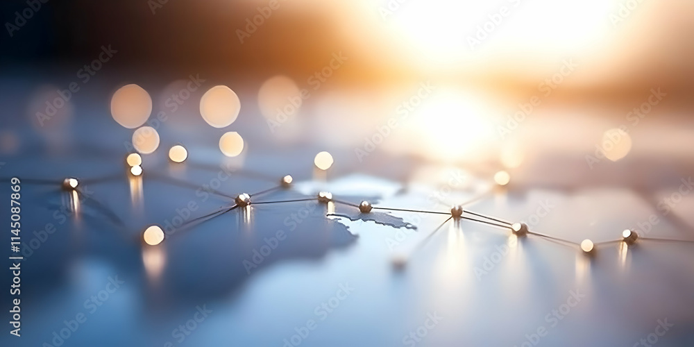 Poster network nodes connect across a world map with global connectivity and digital transformation represe
