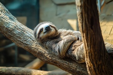 Sloth, funny animal hanging on tree branch scratching belly, cute.
