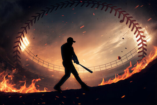 Silhouette K&ouml;rper Baseball Spieler im Stadion - Abstrakte futuristische Darstellung mit Flammen und Licht - Sport Event