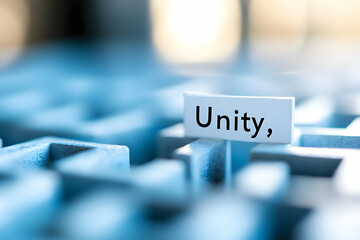 Unity Sign Stands on a Maze Wall, Symbolizing Collaboration and Teamwork for Problem-Solving with Strategy and Innovation.