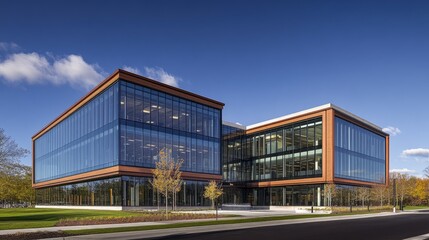 Obraz premium Modern Glass Office Building with Wooden Accents