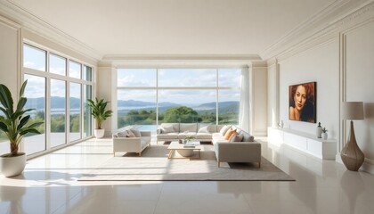 Fototapeta premium A villa living room with ivory skirting boards, modern art, and large glass windows to offer breathtaking views and natural light
