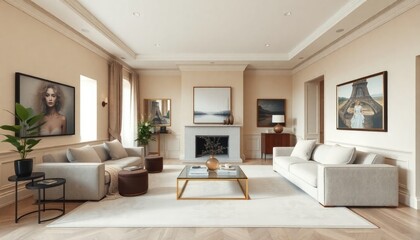 A villa living room with neutral-colored skirting boards, oversized seating, and contemporary art to create a stylish