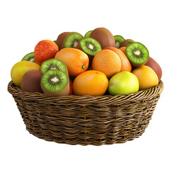 Wicker Basket Filled with Oranges, Kiwis, and Other Fruits