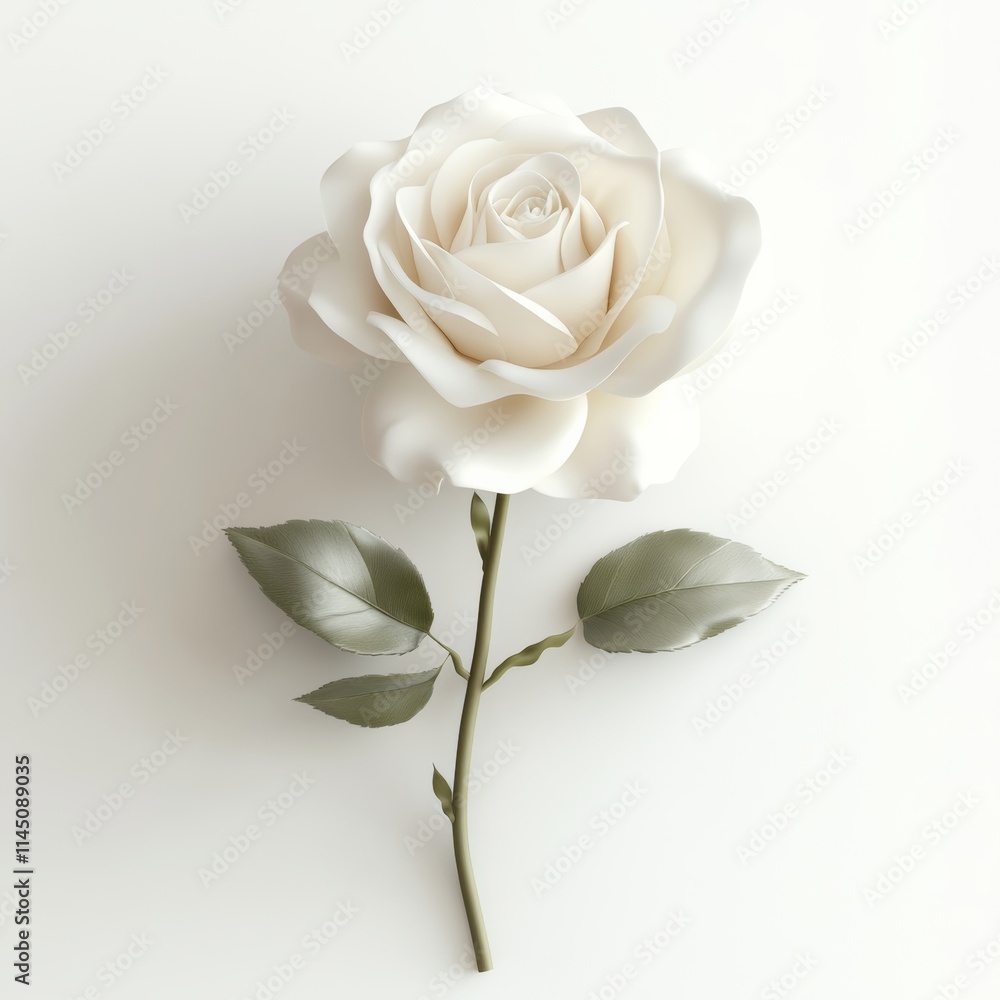 Poster 3d render of a single rose with delicate petals and soft shading, set against a pure white backgroun