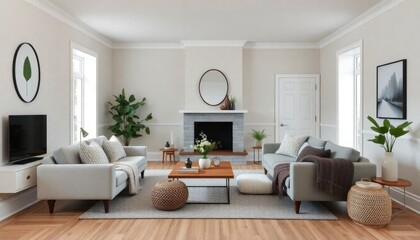 Fototapeta premium Modern cottage living room with sleek white skirting boards, minimalist furniture, and cozy knits for a contemporary yet warm feel