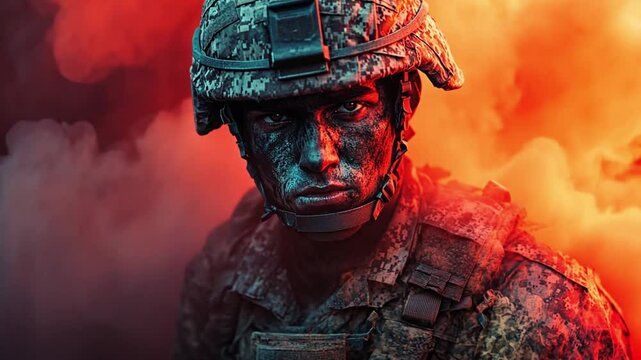 Intense soldier portrait amidst vibrant smoke in high-resolution animation