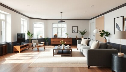 Fototapeta premium Contemporary cottage living room with black skirting boards, modern furniture, and open space to highlight clean lines and functionality