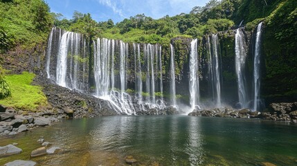 Fototapeta premium Majestic Waterfall Cascading Down Lush Green Cliffs