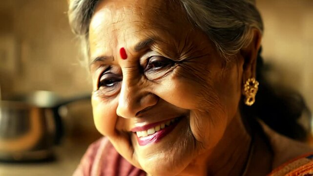 Portrait of a Smiling Elderly Indian Woman, Traditional Attire, Warm Home