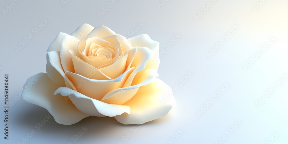 Poster a 3d model of a soft yellow rose, with smooth petals and soft highlights, placed on a white backgrou