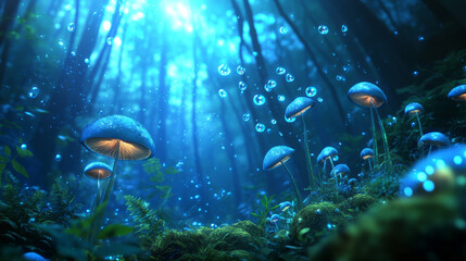 Fototapeta premium Glowing mushrooms illuminate a serene underwater forest in a captivating blue hue