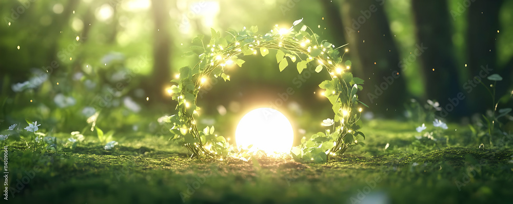 Poster glowing vine circle emits light in the forest with sunlight and sparkling particles with magical for