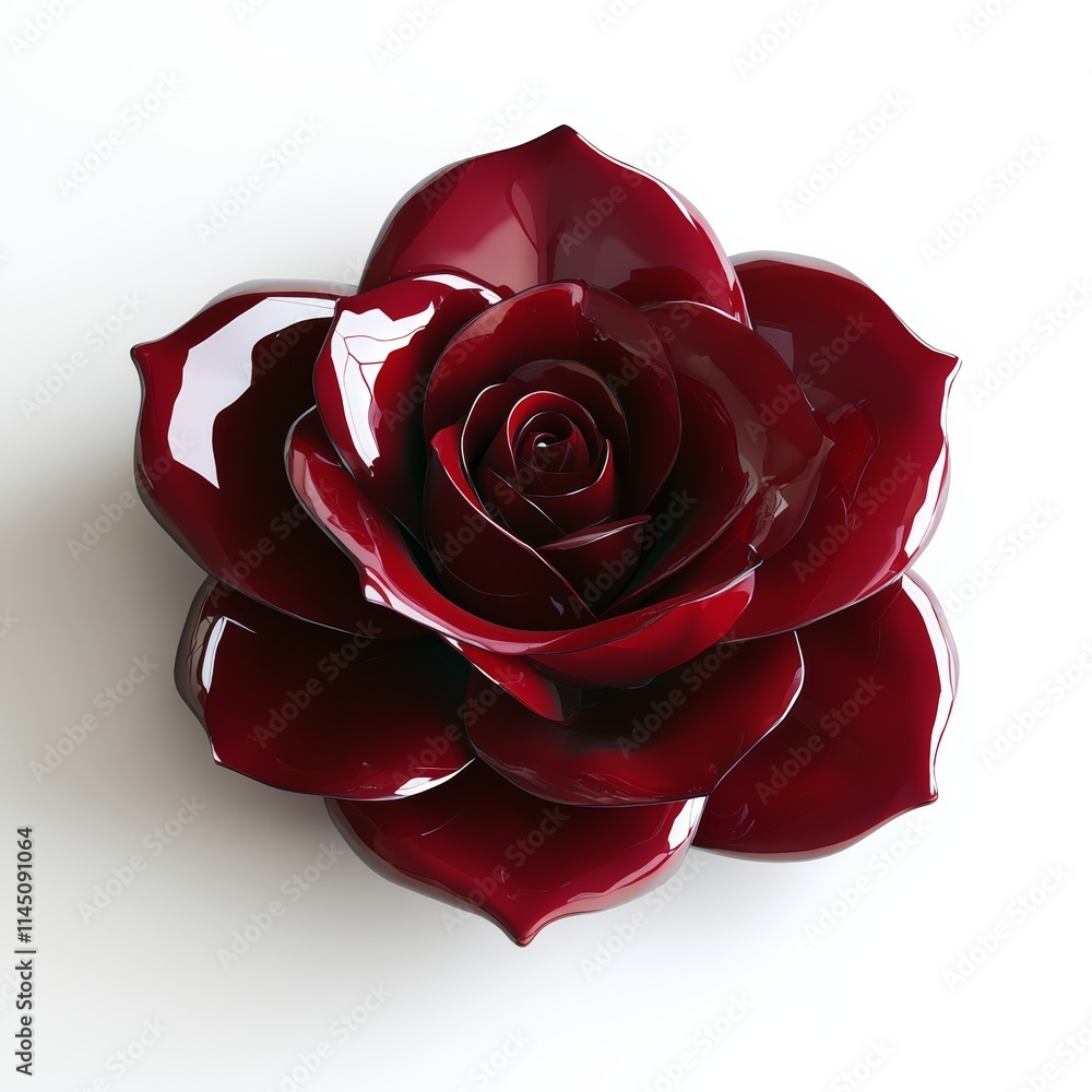 Poster a 3d single rose with glossy deep red petals, set on a clean white background with ample space for c