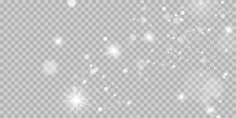 White png dust light. Bokeh light lights effect background. Christmas background of shining dust Christmas glowing light bokeh confetti and spark overlay texture for your design.	