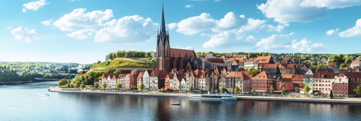 Panoramic view of a charming riverside town with a tall church spire, under a bright, sunny sky.