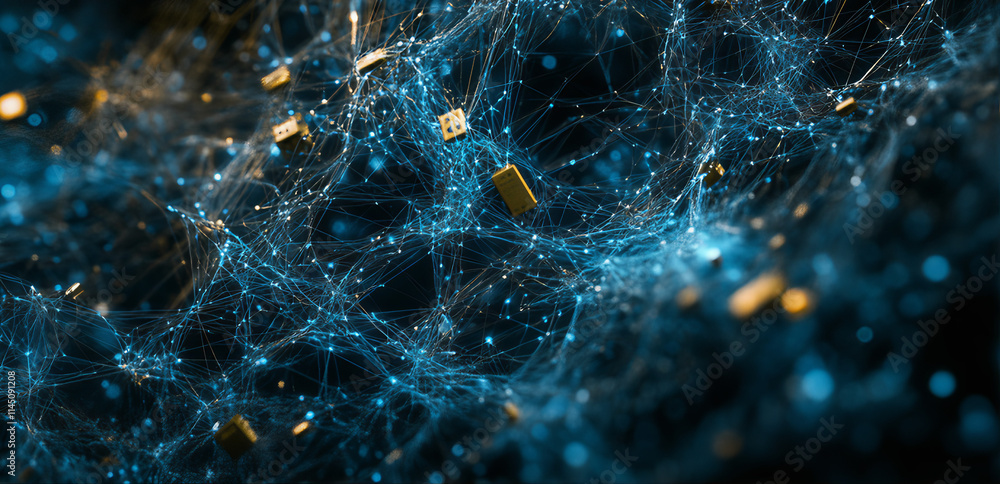 Poster blue digital background with glowing blue data points and network connections on a dark black grid, 