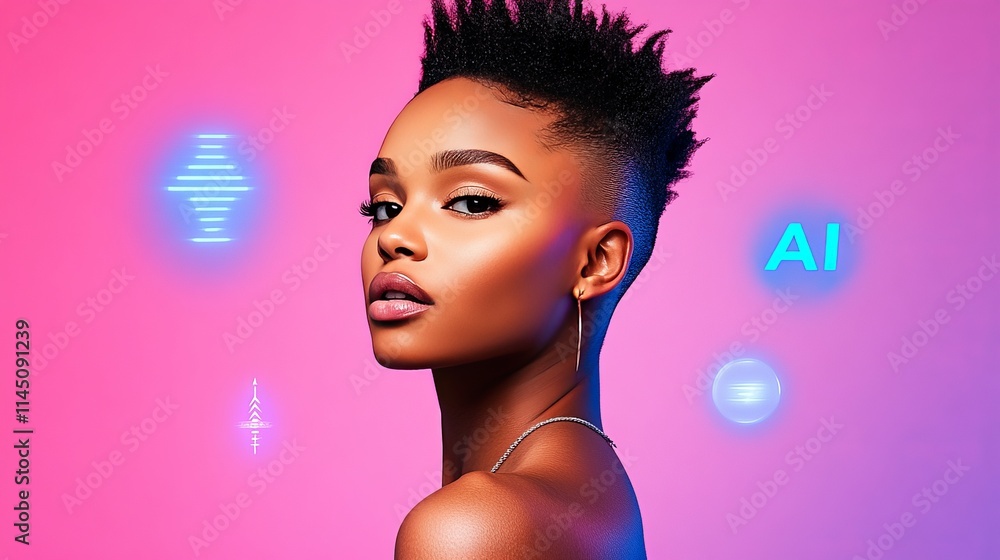 Poster profile of a confident young woman in focus with soft ai data graphics in the background symbolizing