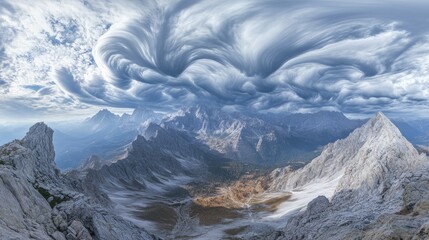 Fototapeta premium Panoramic view of swirling clouds above a majestic mountain range.
