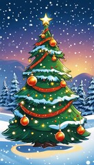 Obraz premium Vibrant Christmas tree adorned with red ribbons, golden ornaments, topped with glowing star. Set in snowy landscape under twilight sky, surrounded by snowflakes, creating joyful, festive atmosphere.