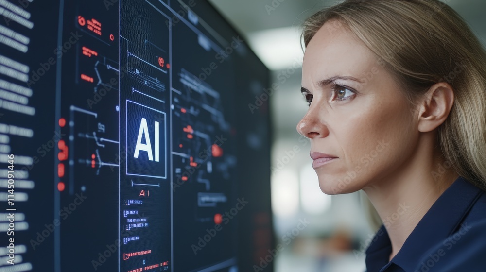 Poster focused professional woman analyzing holographic ai data streams on a glowing interactive screen in 