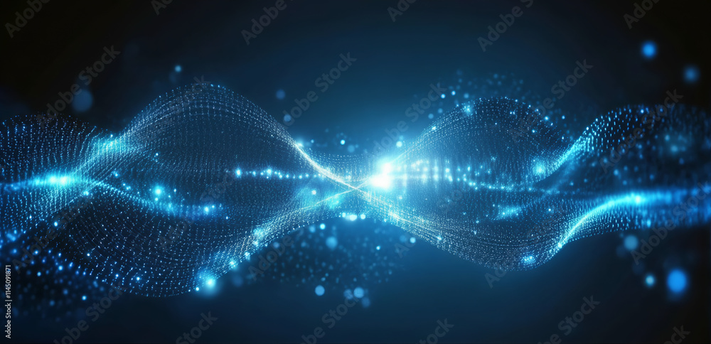 Poster blue digital background with glowing blue data points and network connections on a dark black grid, 