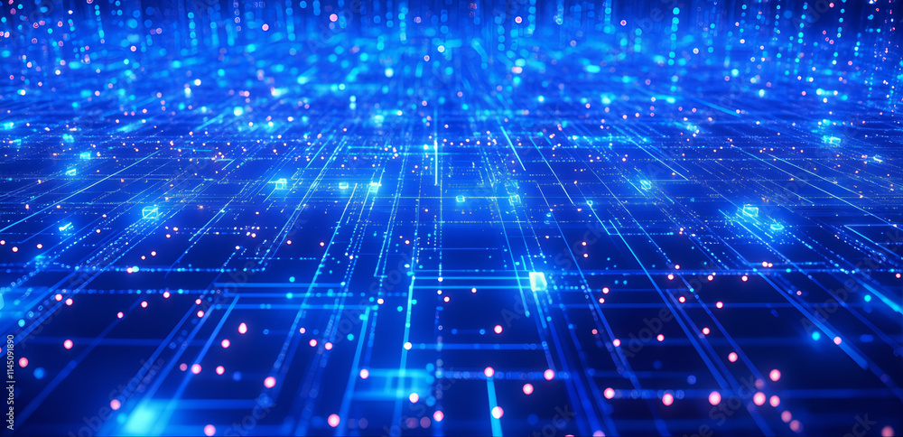 Poster blue digital background with glowing blue data points and network connections on a dark black grid, 