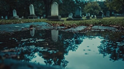 Rain Reflects Cemetery Headstones In Puddle