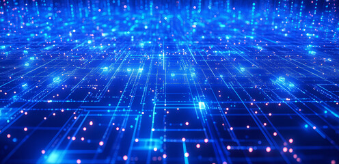 Blue digital background with glowing blue data points and network connections on a dark black grid, representing technology or global connectivity.