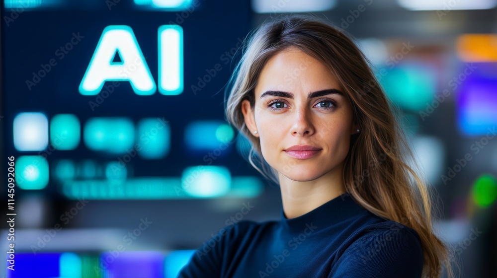 Poster portrait of a poised businesswoman with glowing ai data in a high-tech corporate setting symbolizing