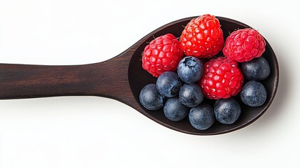 A spoonful of blueberries and raspberries