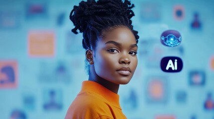 Confident young woman with glowing AI graphics and holograms in a futuristic business setting symbolizing machine learning data visualization and innovation in advanced technology