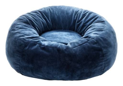 Blue plush bean bag chair on transparent background, comfortable home furniture concept