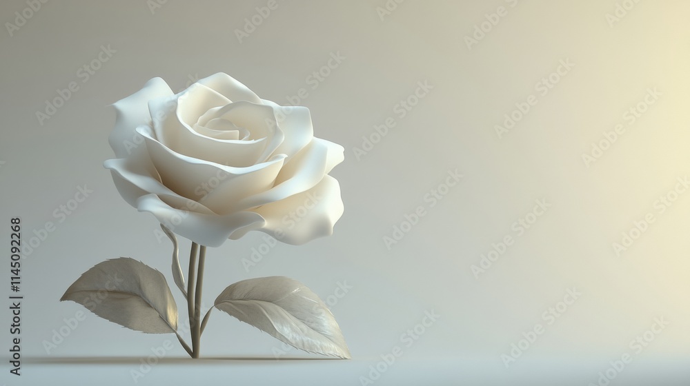Poster a single 3d white rose with smooth and velvety petals, against a minimal white backdrop with subtle 