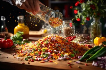 Fototapeta premium Close up of a chef s hand skillfully grabbing seasoning from a jar in a culinary setting