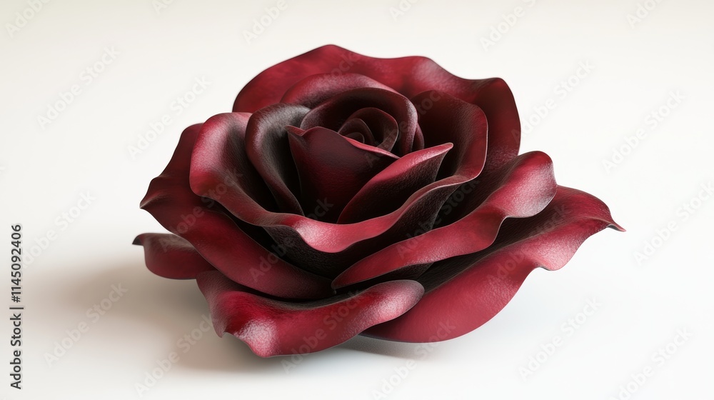 Poster a single dark red rose in 3d with realistic petals and soft shadows, isolated on a plain white backg
