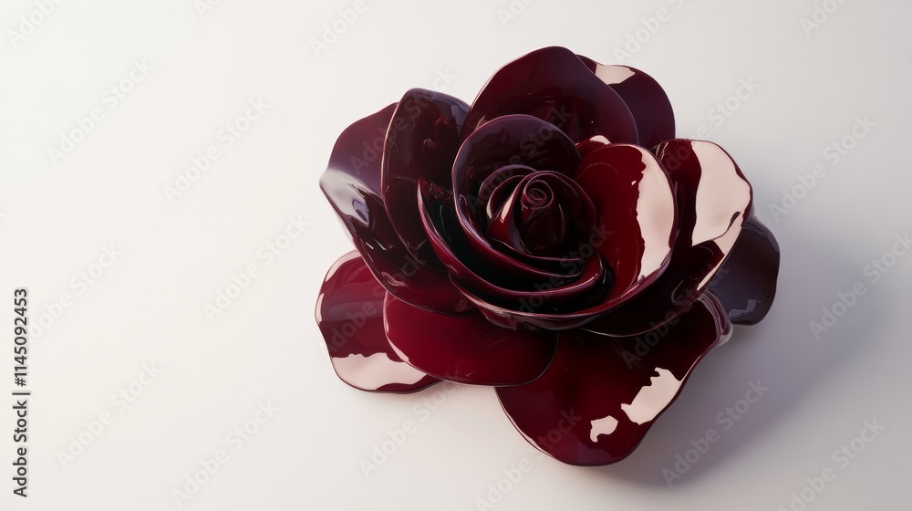 Poster a single dark red rose in 3d with realistic petals and soft shadows, isolated on a plain white backg