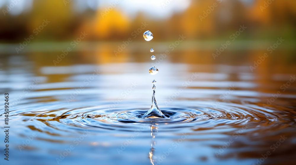 Poster water drop makes ripples in pond with reflections of autumn trees and purity theme. fresh water with